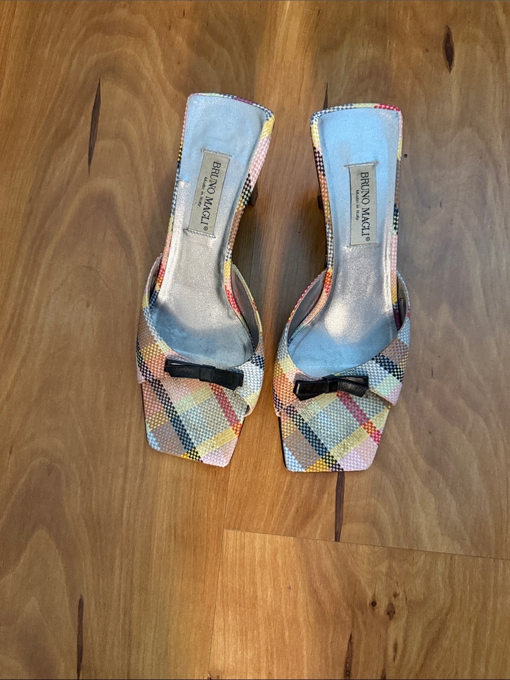 Bruno Magli Pastel Plaid Slide Mules with Black Bow